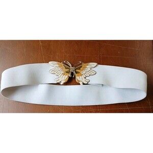 Women's Goldtone Enameled Butterfly Buckle Stretch Belt White 2" Interchangeable